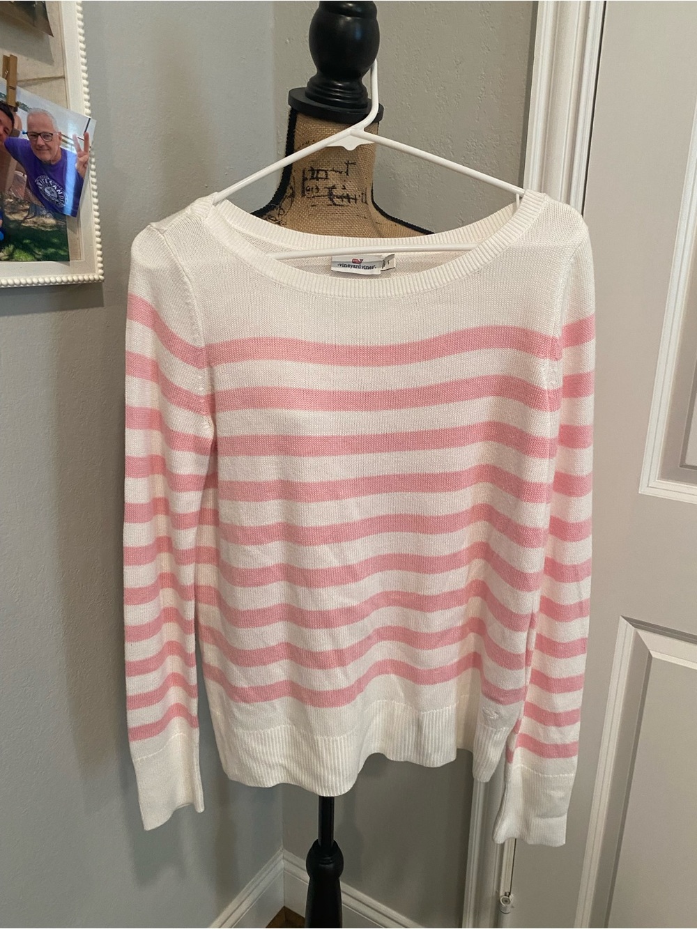 Vineyard Vines Pink and White Striped oh Crewneck Sweater